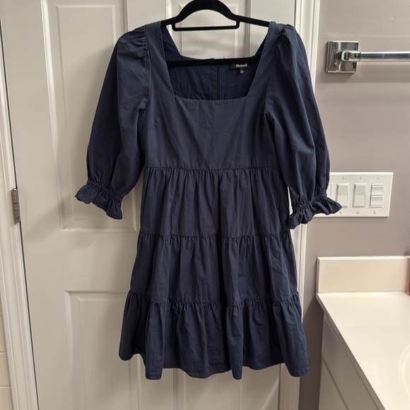 Madewell Lizzie Tiered Cotton Poplin Mini Dress Puff Sleeve Babydoll Twilight - Picture 2 of 8